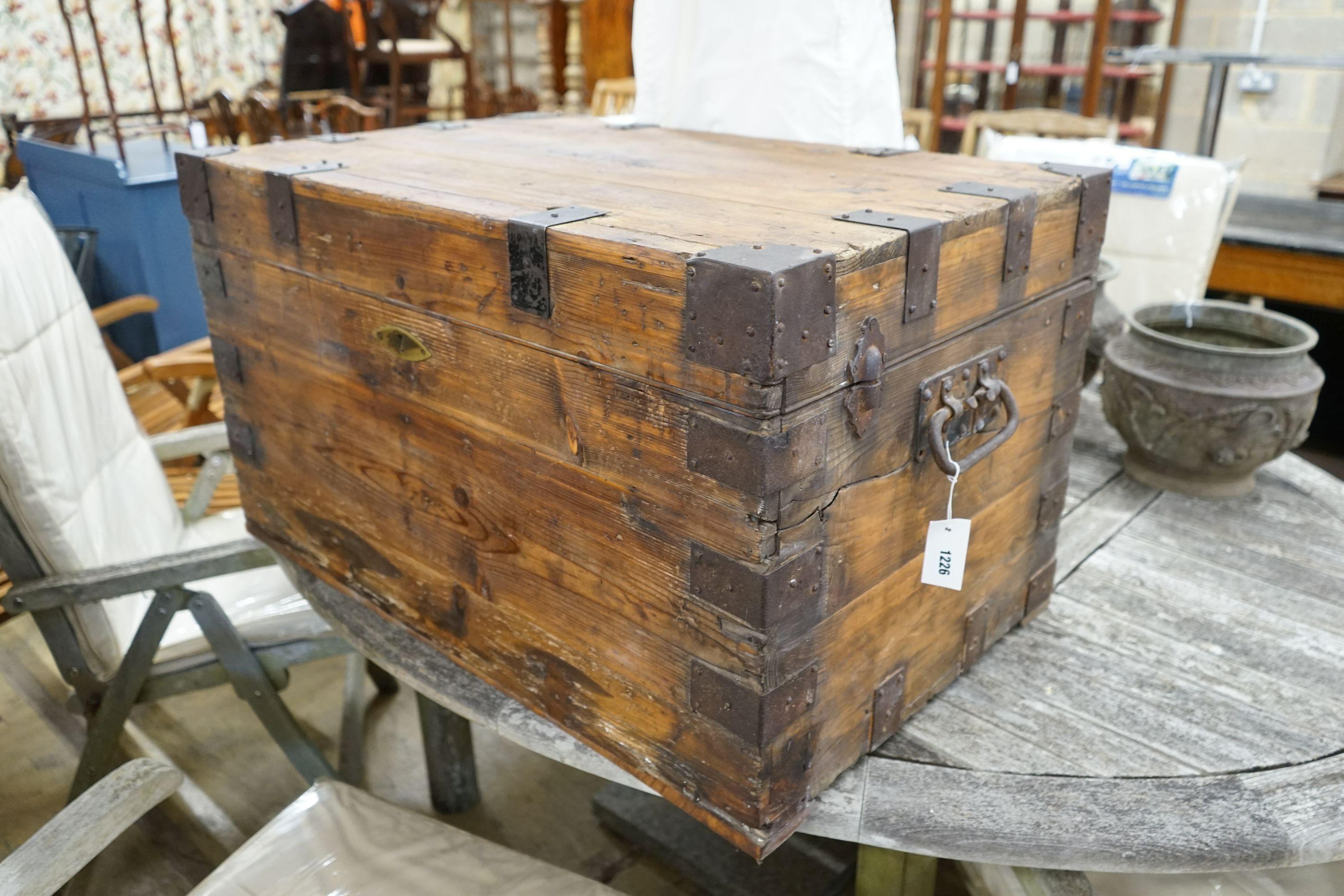A Victorian iron bound pine trunk, length 92cm, depth 57cm, height 53cm